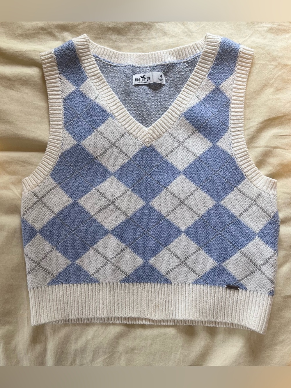 Hollister Light Blue and Cream V-Neck Knit Vest